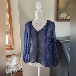 Pins and Needles womens Small sheer navy blue blouse polka dot